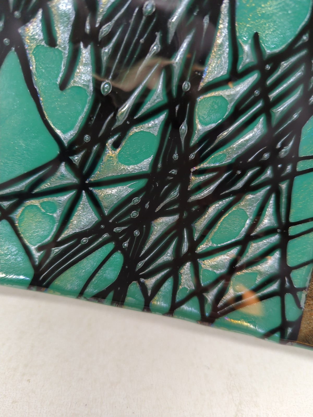 Kurt McVay Signed Fused Art Glass Iridescent Tray Green Black Bronze 9×6 Sushi