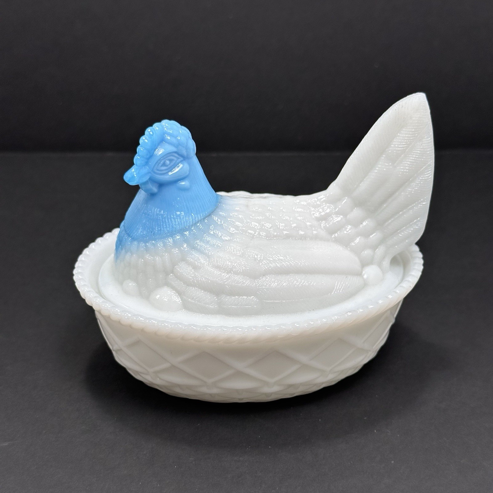 Westmoreland Hen on Nest Milk Glass Blue Slag Head 5.25″ x 4″ Vintage