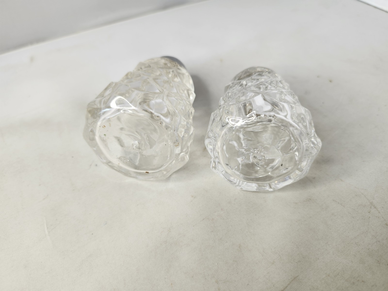 VTG Set of Fostoria American Clear Glass Salt and Pepper Shakers Metal Lid Cap