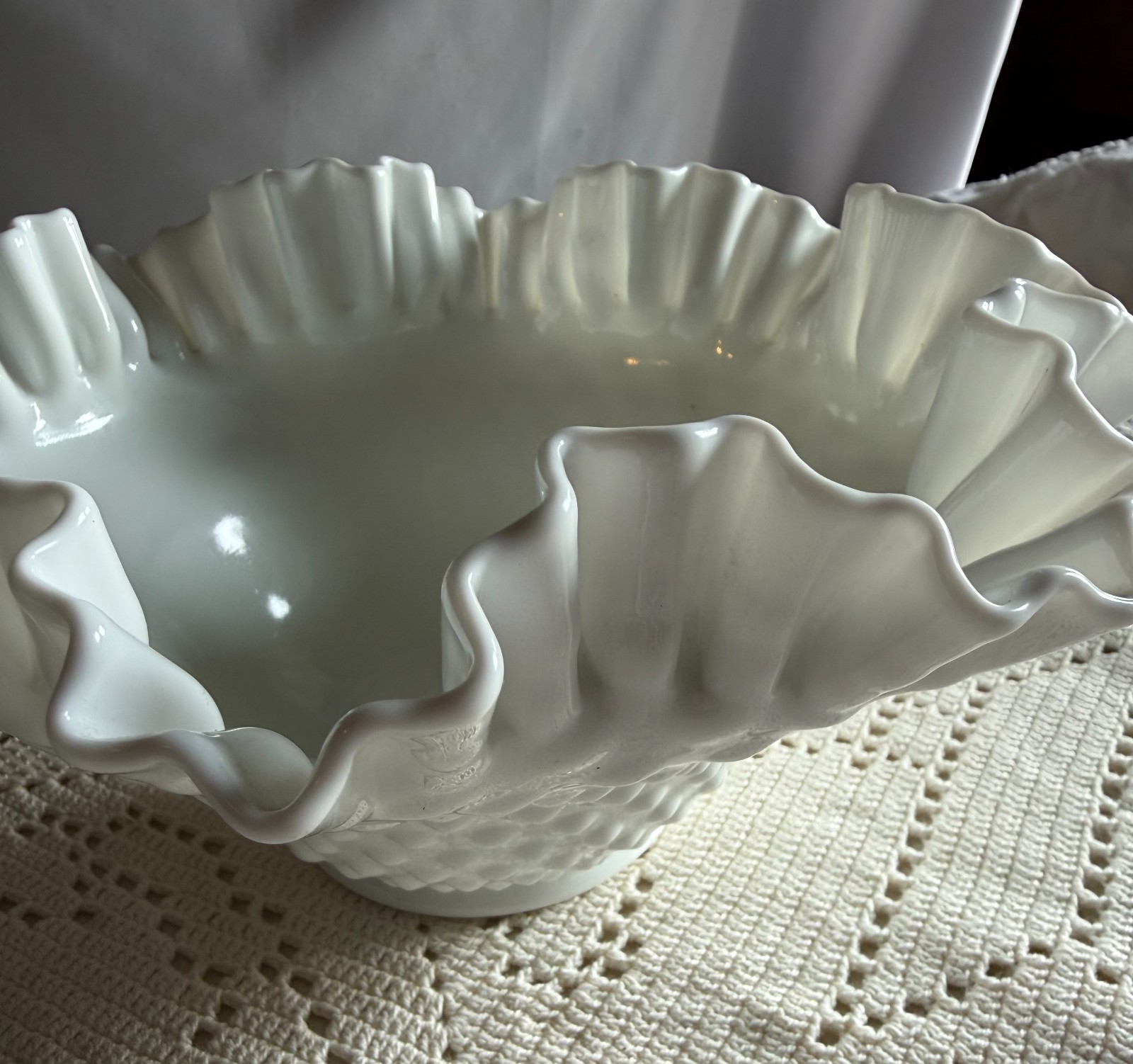 Vintage Fenton Hobnail White Milk Glass Bowl with Ruffled Edge 9″