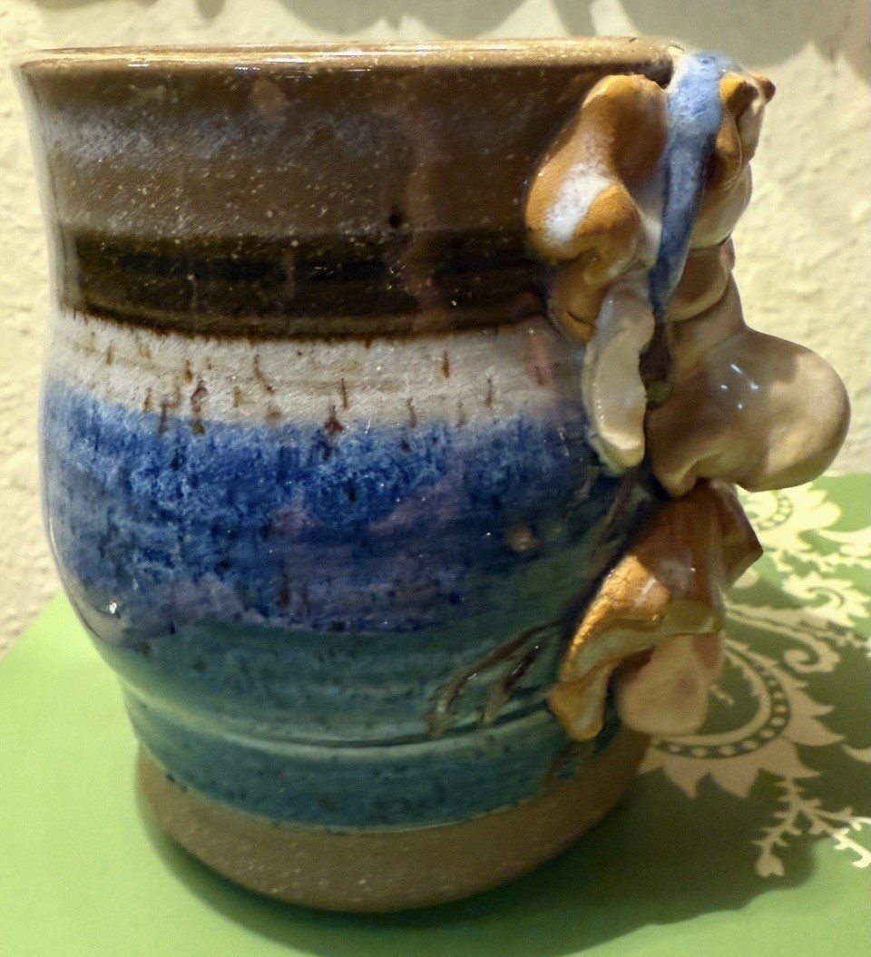 Studio Pottery Funny Ugly Face Coffee Mug Artist Signed Folk Art Blue gift