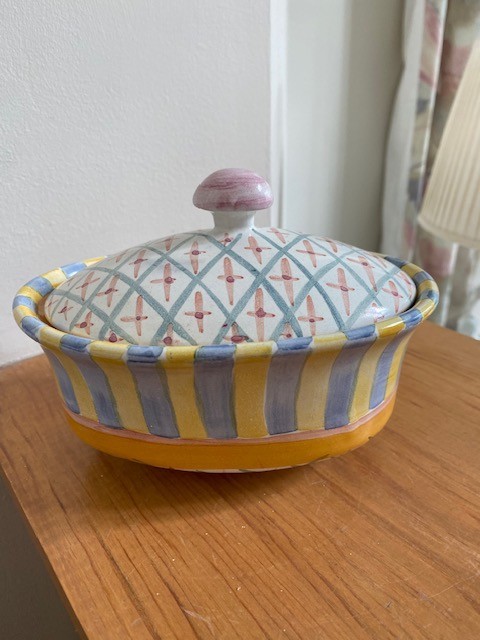 Vintage Mackenzie Childs MONET Ceramic Chowder Bowl w/ Lid Stripes Dots