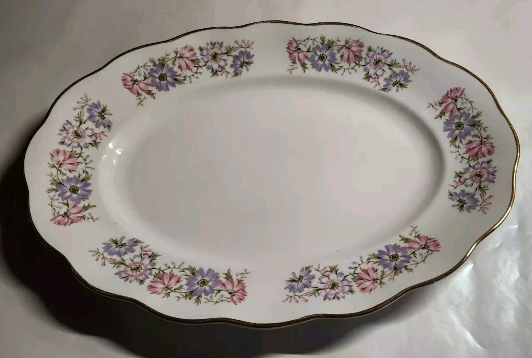 Serving Platter 15×11″ Favolina Roulette Pink Purple Floral Gold Poland Vintage