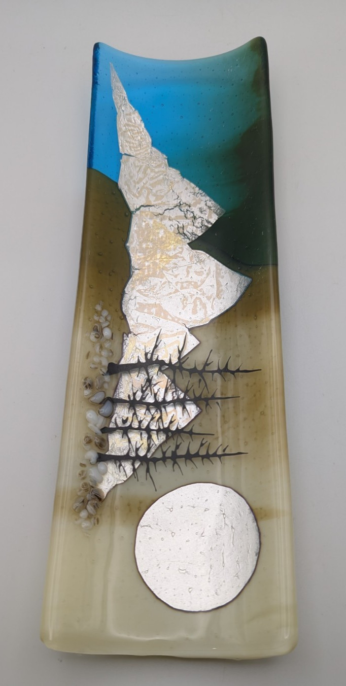 Fused Glass Mixed Media Art Glass Tray- Mountain Scene