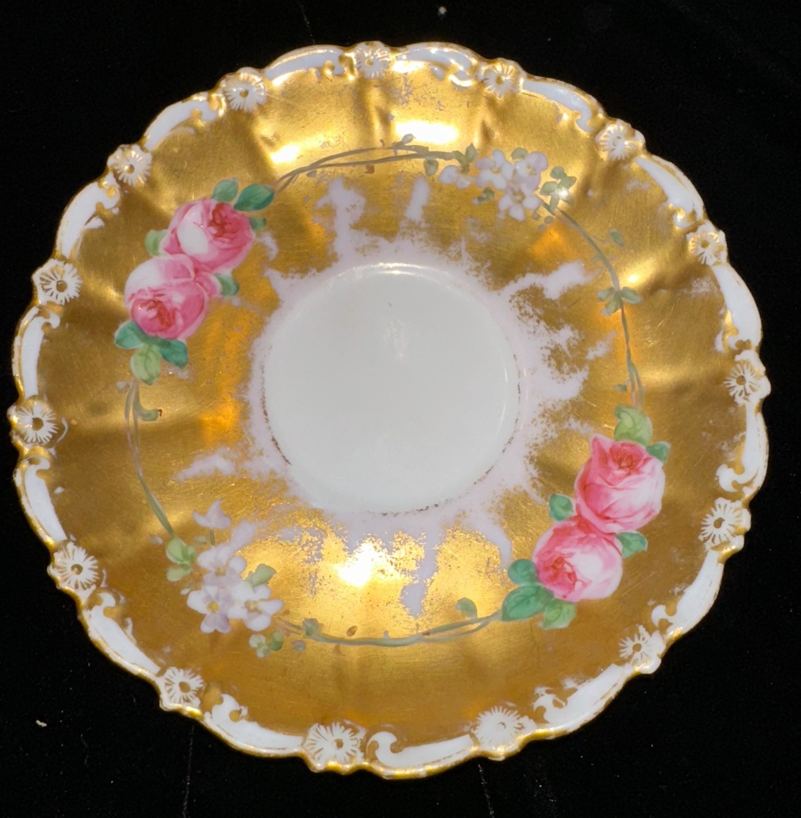 Antique Limoges Coronet Heavy Gold Cabbage Roses Trio Cup Saucer Plate handpaint