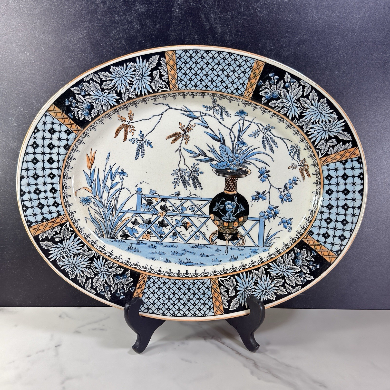 Antique Copeland Spode Transferware KEW Oval Platter 15″ Aesthetic Movement Blue
