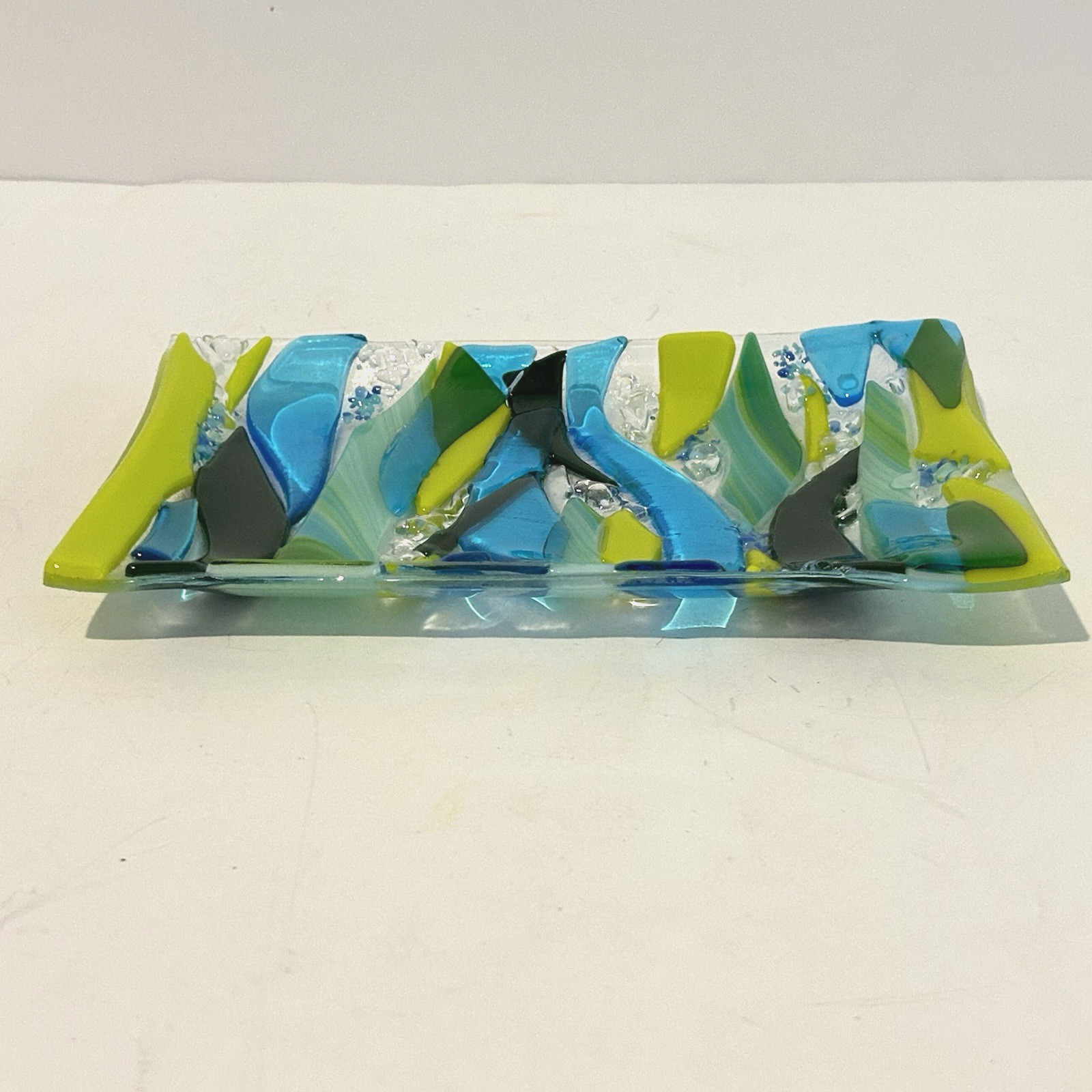 Blue Green Yellow Fused Art Glass Trinket Tray Dish Plate Waves Home Decor