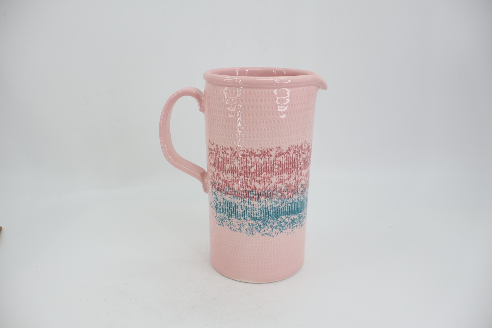 Baldelli Coriano Italy Hand Painted Ceramic Pitcher Pink Teal Stripe Textured