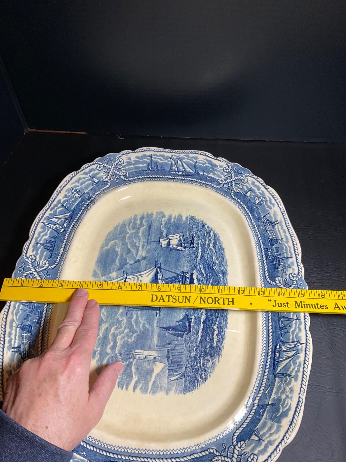 DEFECTIVE Antique Masons AMERICAN MARINE Ironstone Oval Blue 19 Platter G3D