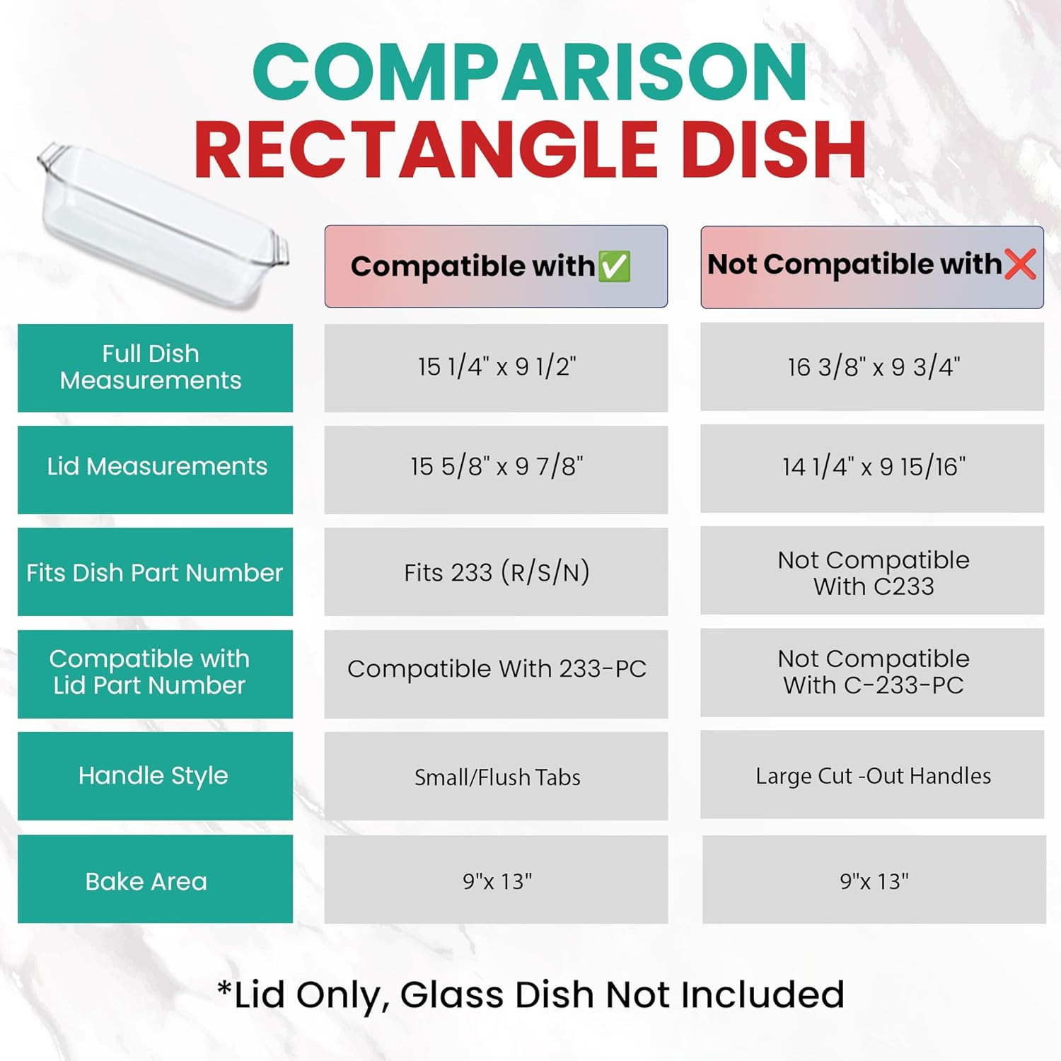 Replacement Lid Fits Pyrex 9X13 233 Glass Casserole Baking Dish Container with T