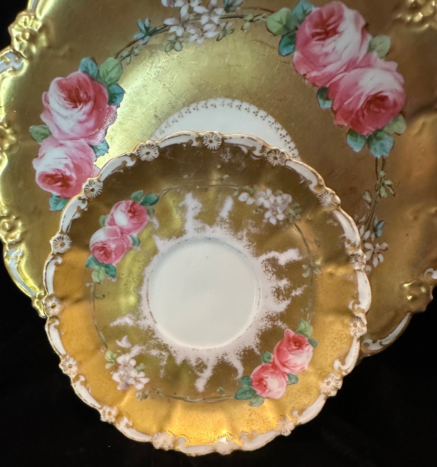 Antique Limoges Coronet Heavy Gold Cabbage Roses Trio Cup Saucer Plate handpaint