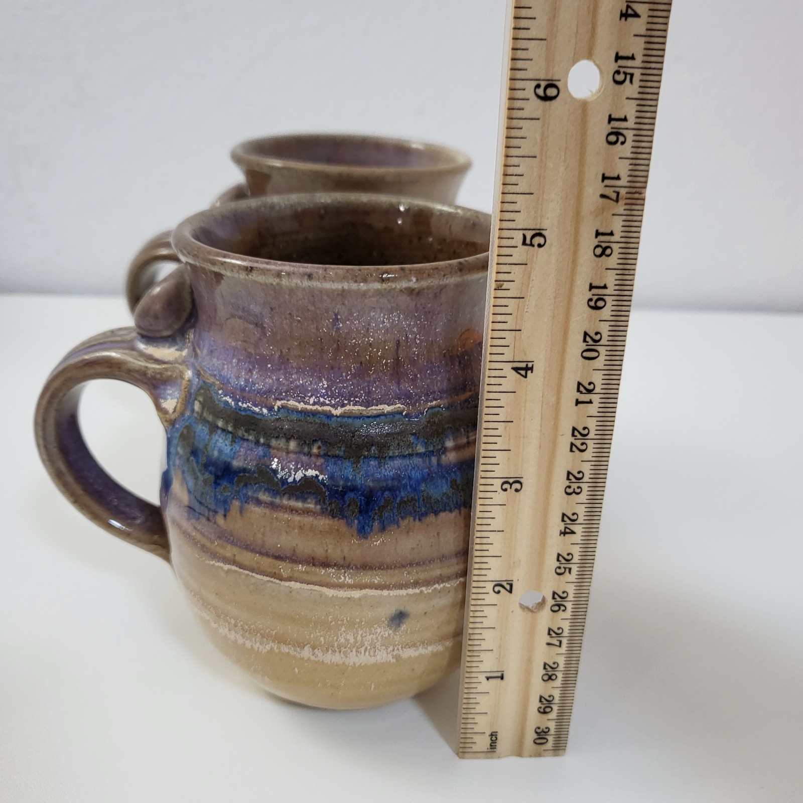 Set Of 2 Handcrafted Drip Glaze Studio Art Pottery Coffee Mugs Brown Blue Signed