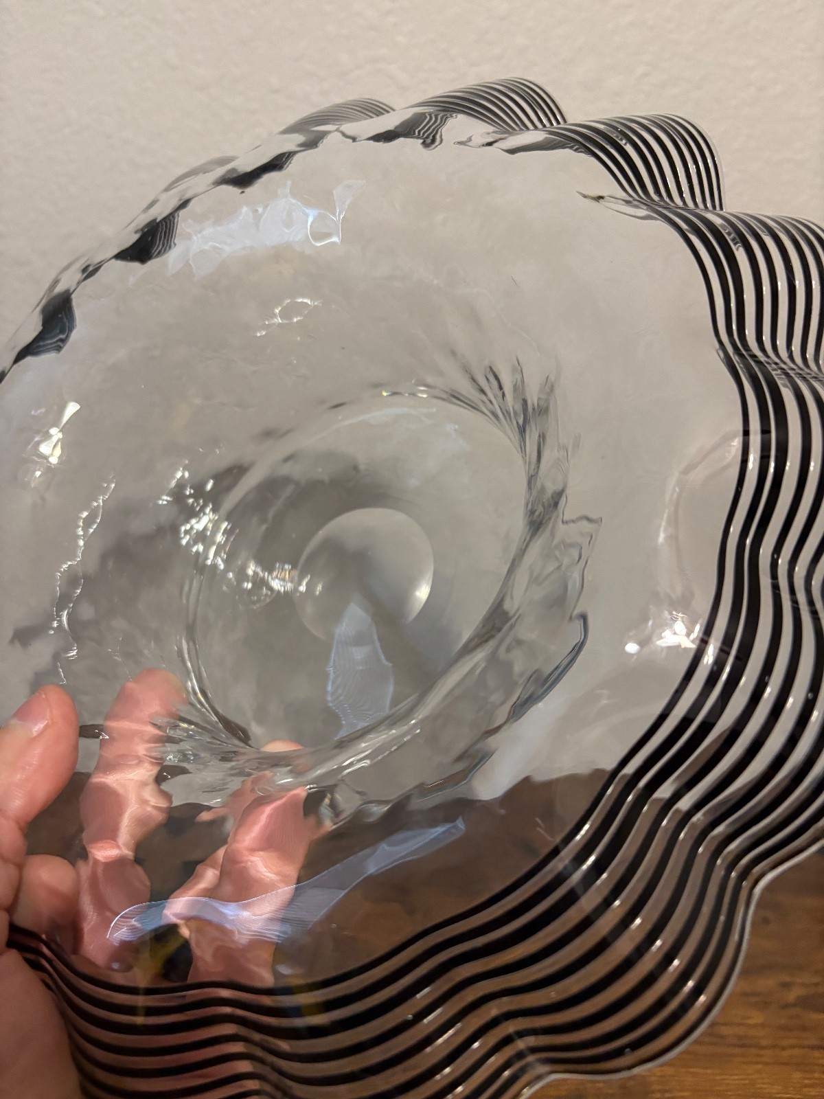VTG FRY GLASS CO Black Threaded DIAMOND OPTIC Glass Centerpiece Bowl 11.75″W