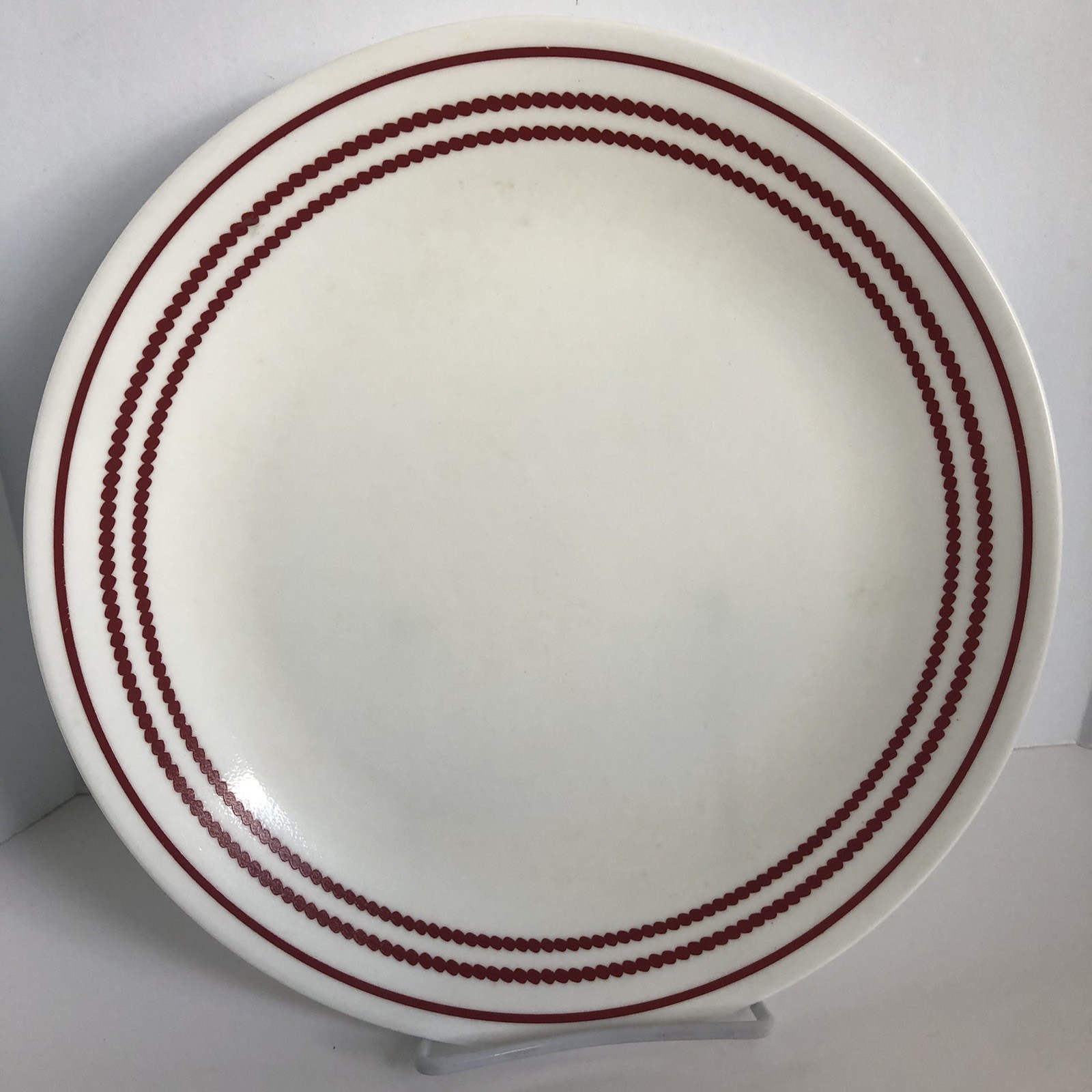 Corelle Corning Ruby Red Stripe Dinner Plate 10.25″ USA White Red Bands On Rim