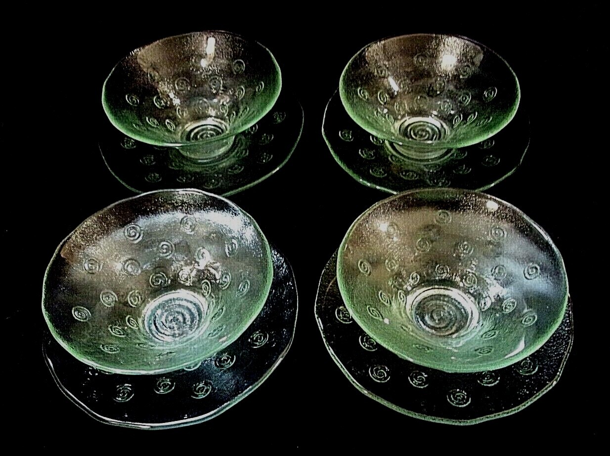 FOUR PIECE SET of GREEN TINTED GLASS BOWLS with MATCHING SAUCERS – SPIRALS!!