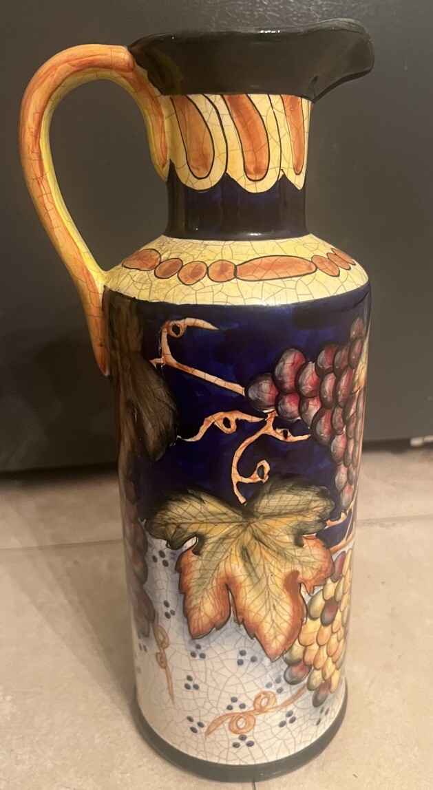 Italian Pottery Vintage Pitcher Fruit And Leaves Painted Rare Gorgeous