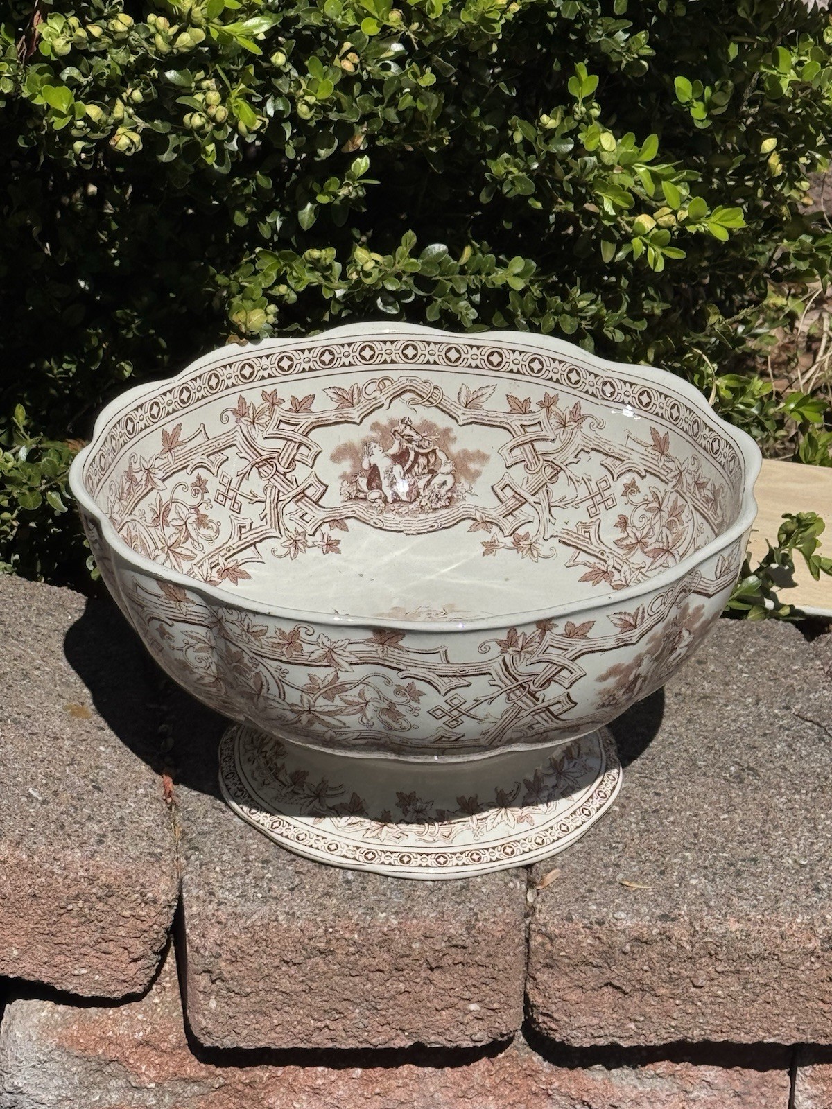 Antique Furnivals England “Rustic” Brown Transferware Pedestal Punch Bowl
