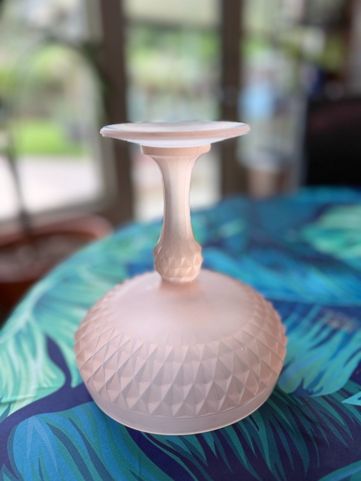 One 1970s Indiana Glass Pink Satin Diamond Point Pedestal Compote 7.75in