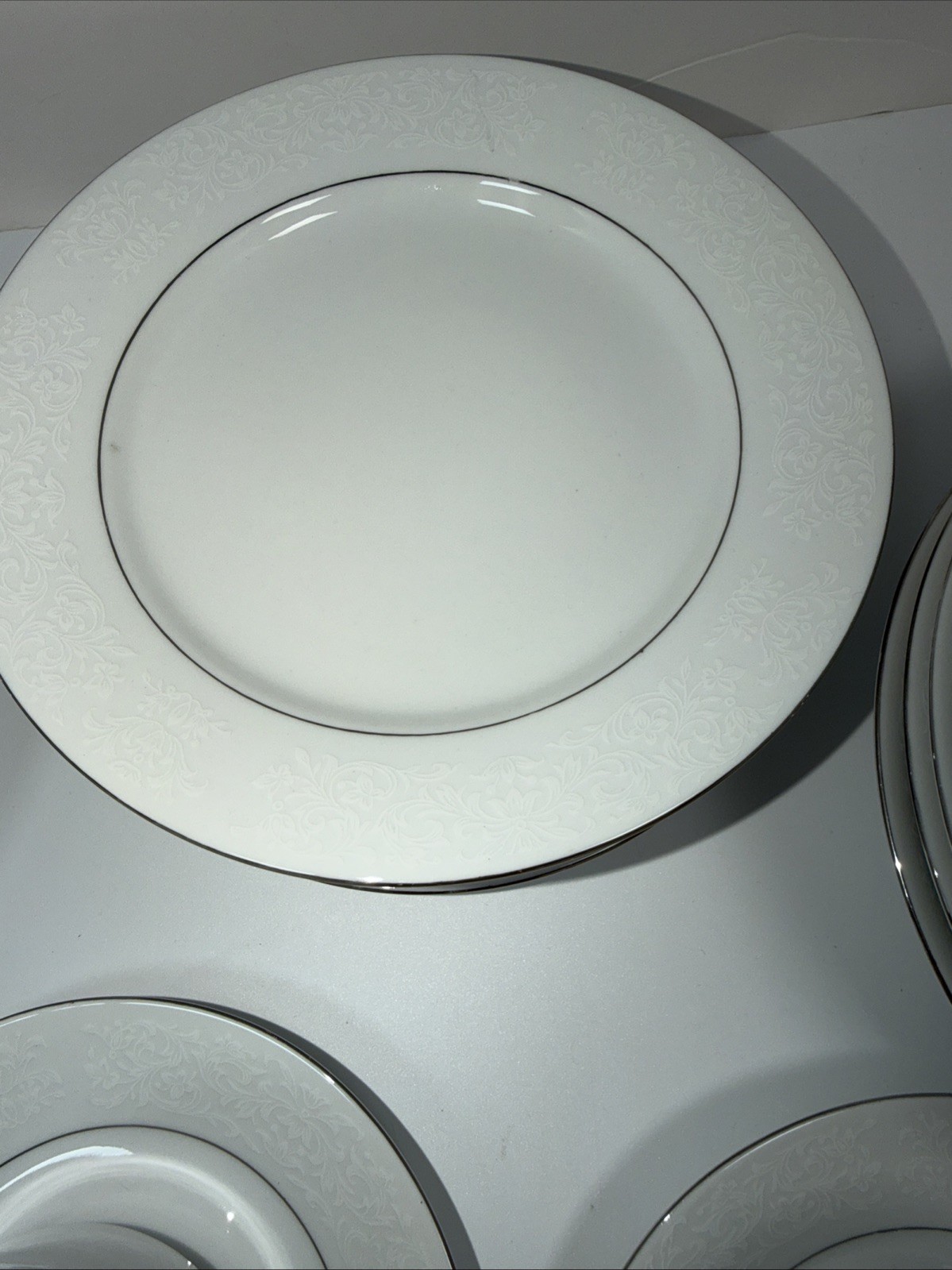Fine China Set Of 30 Pieces White On White Floral Silver Trim Vintage