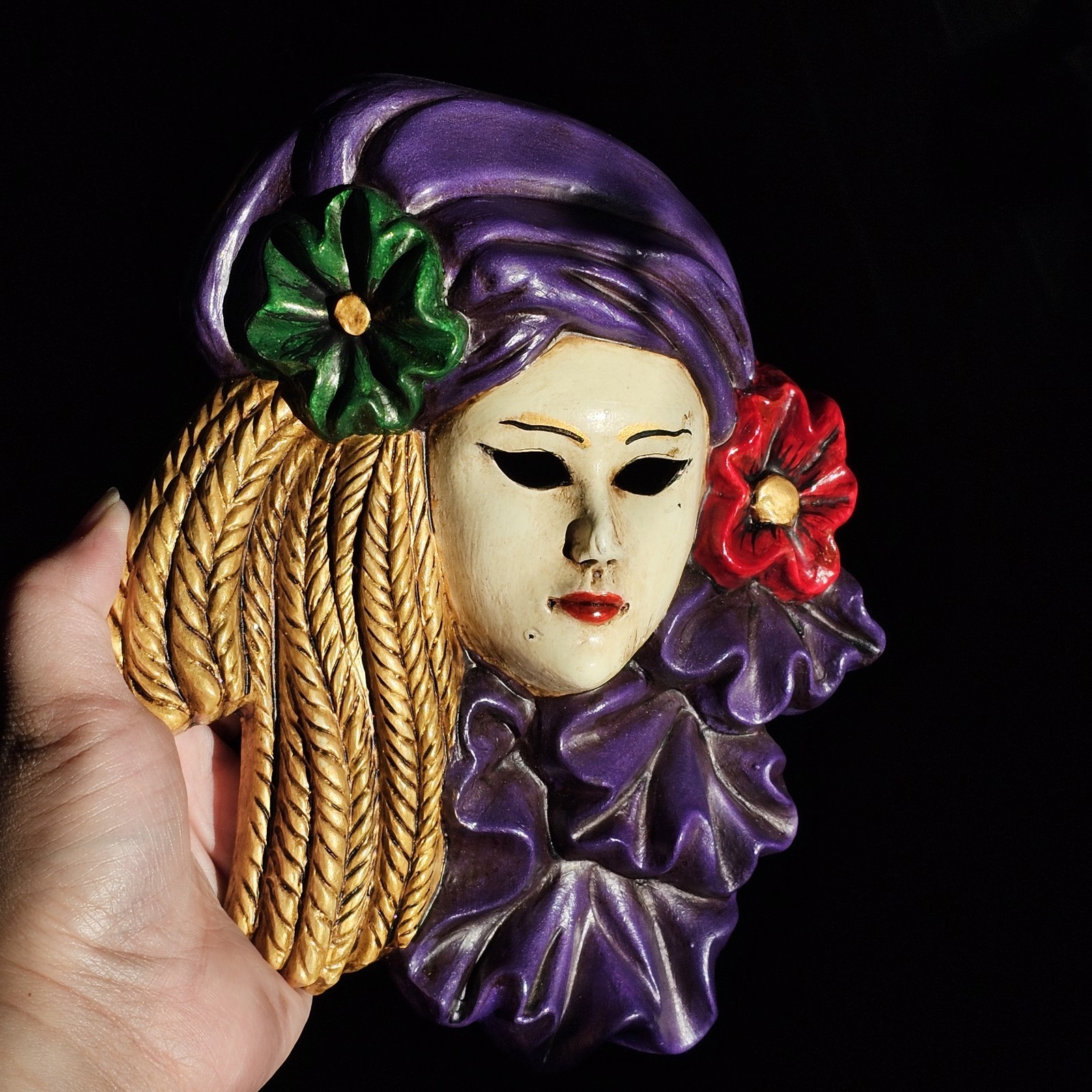Venetian Style Wall Mask Vintage Hand Painted Purple Gold Mardi Gras Decor