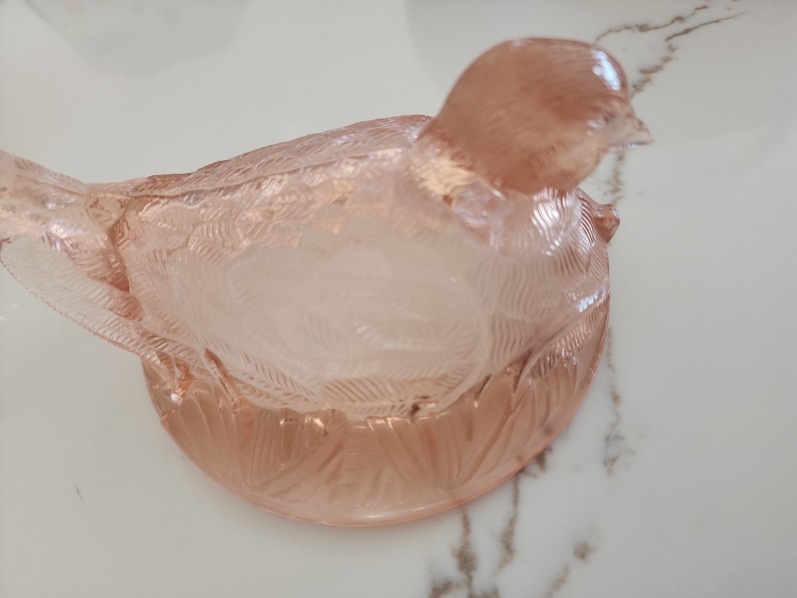 Vintage Hsinchu Glass Co Pink Dove on Nest Covered Candy Dish H Diamond Mark