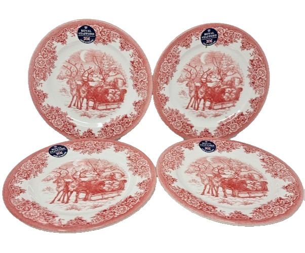 Royal Stafford Santa Sleigh Reindeer Christmas Red 8″ Set Of 4 Plates New