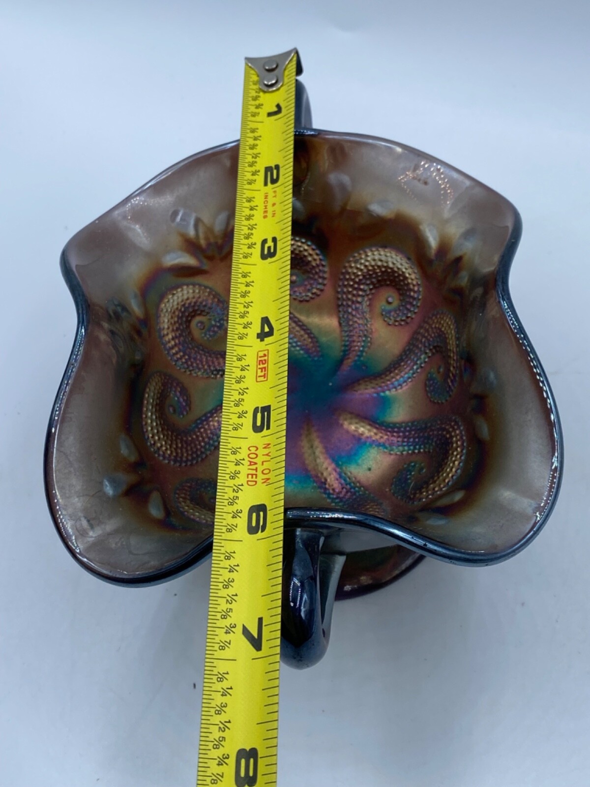 Vintage Amethyst Carnival Glass Two Handled Footed Bonbon Dish 4.5″