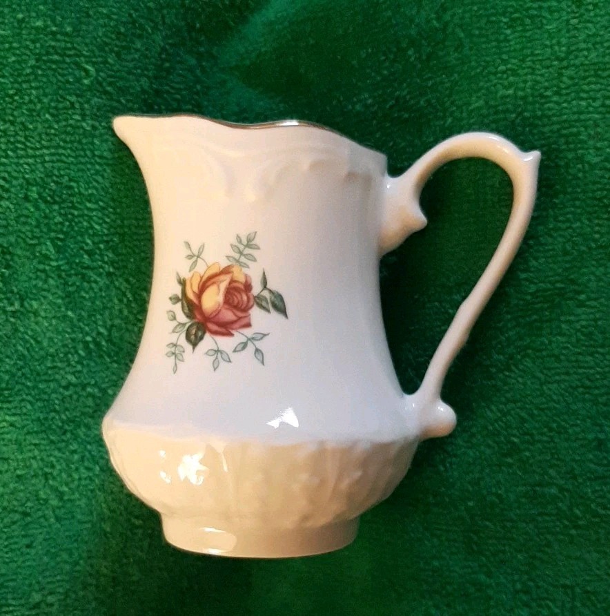 WTOCTAWEK CHINA Made In POLAND FLORAL ROSE 3½” Tall CREAMER AND SAUCER Vintage