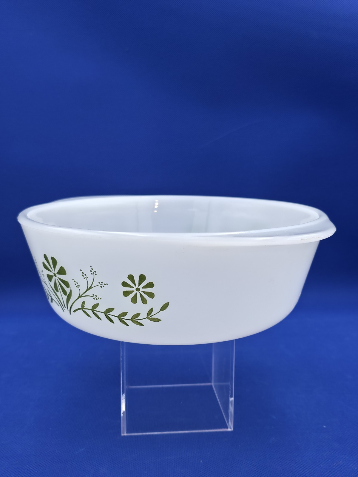 Glasbake Vintage MCM Milk Glass Oven Safe Casserole Dish Green Crazy Daisy
