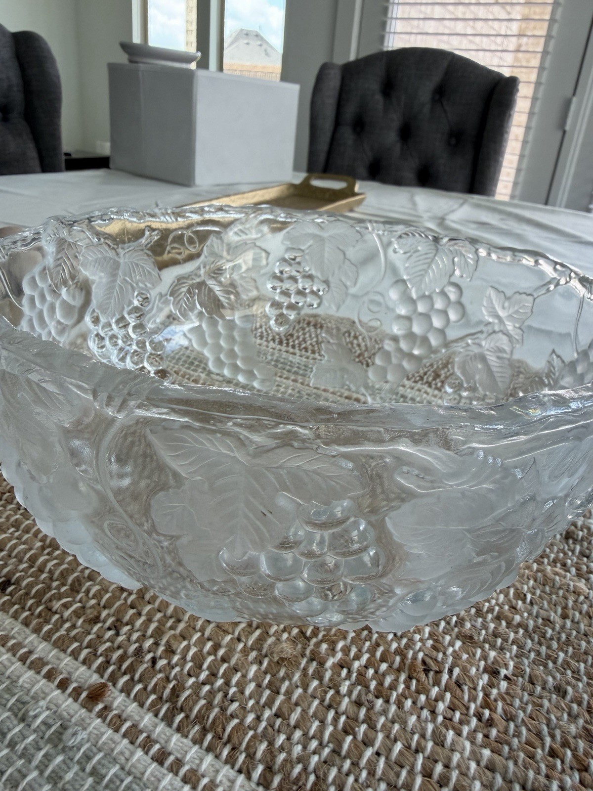 Clear Pressed Glass Round Serving Bowl Grape & Leaf Pattern Fruit Theme