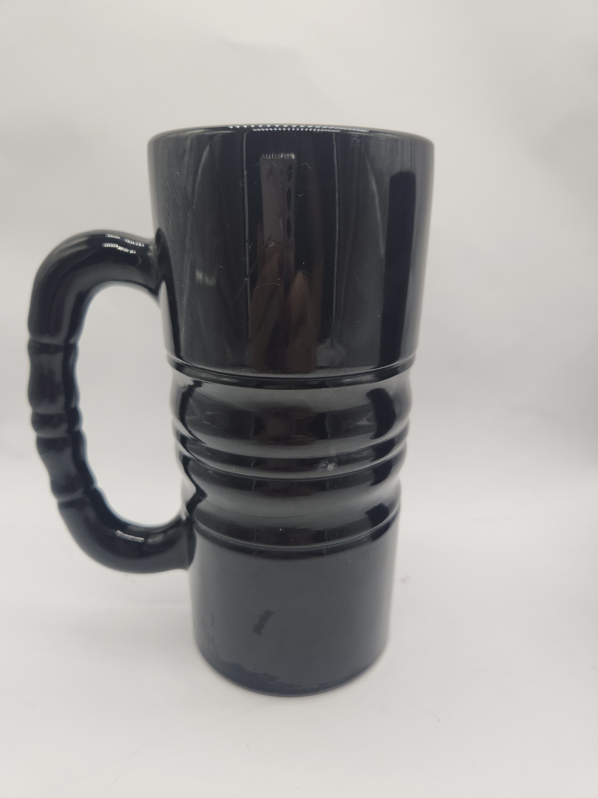 2 Vintage Tiara Indiana Black Glass Mug Tall Ribbed Cylinder Stein Tankard 12 oz