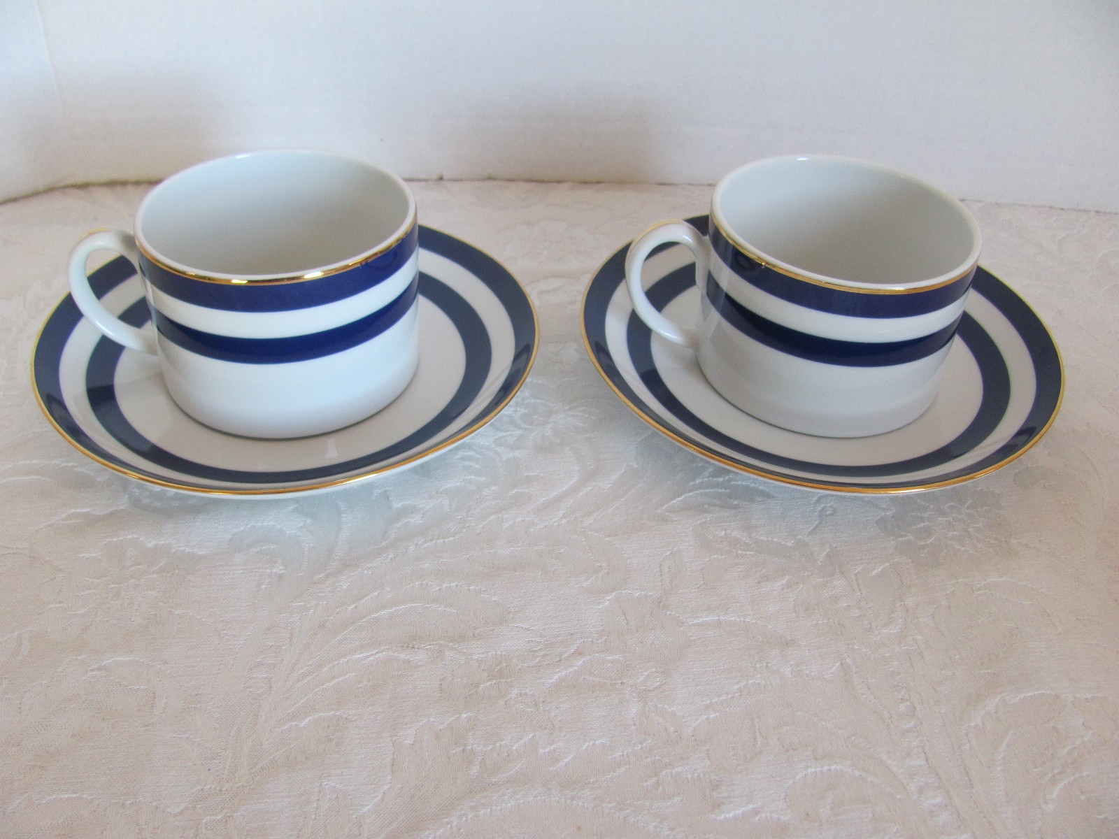 RALPH LAUREN Spectator Cadet-Blue Bands/Gold Trim- 2 Cups & 2 Saucers
