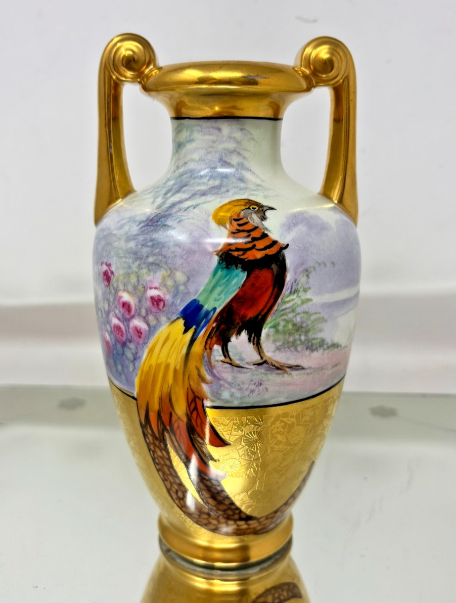 Antique Golden Accent Hand Painted Pheasant Pickard Vase E. Challinor Signed