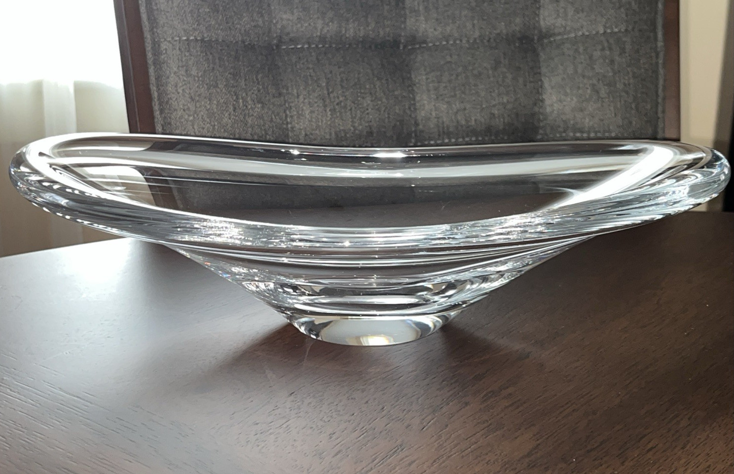 Scandinavian MCM Style Blown Glass Oblong Clear Bowl 13” X 7” X 2.5-3″