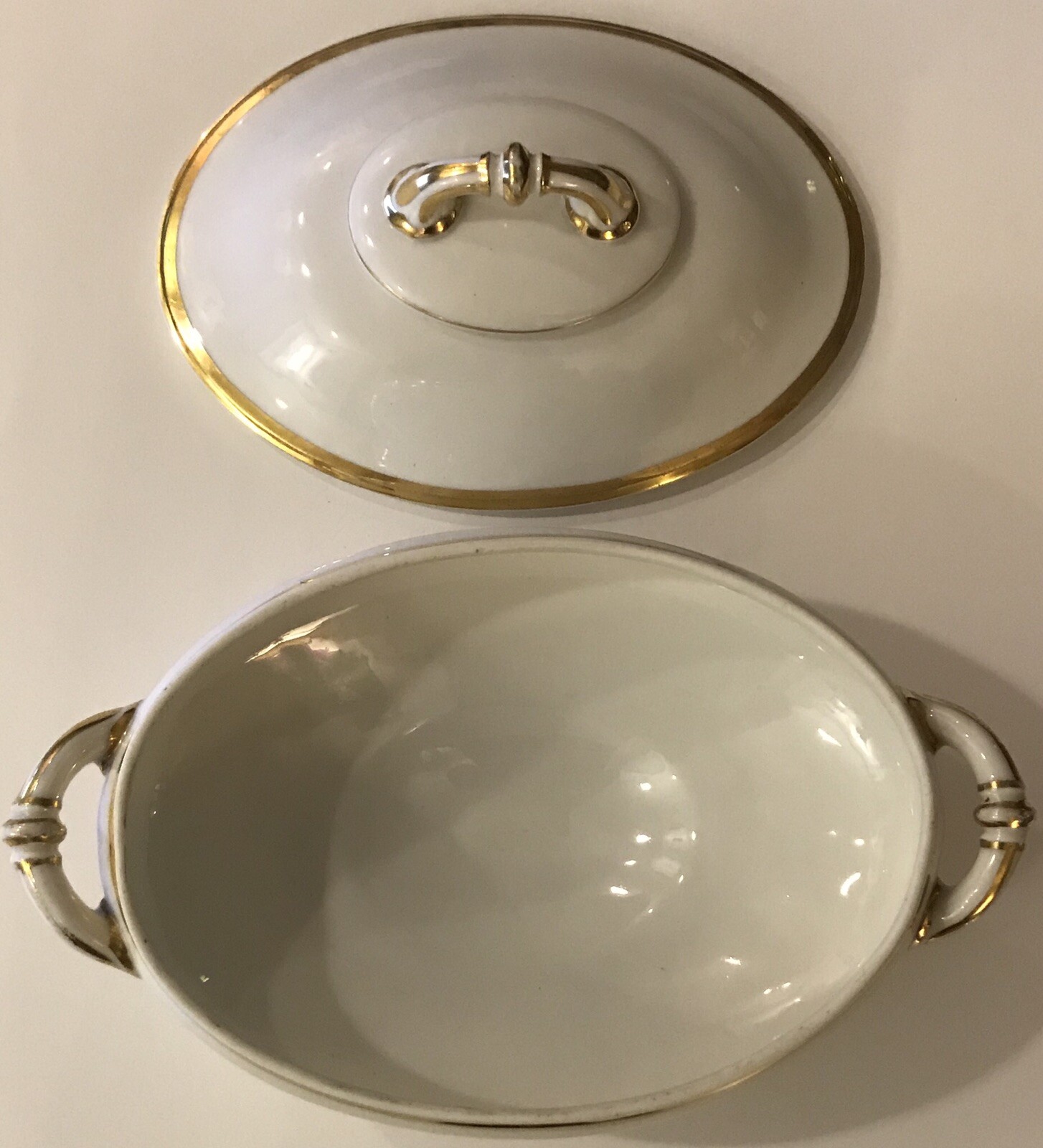 VICTORIAN GOLD ENCRUSTED BONE CHINA TUREEN & LID-11 5/8”L X 7”W X 7”H