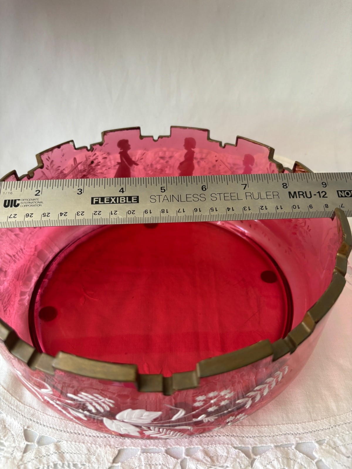 VTG Bohemian Ruby Red Bowl Ruby Flash Cut To Frosted Flower and Children Motif