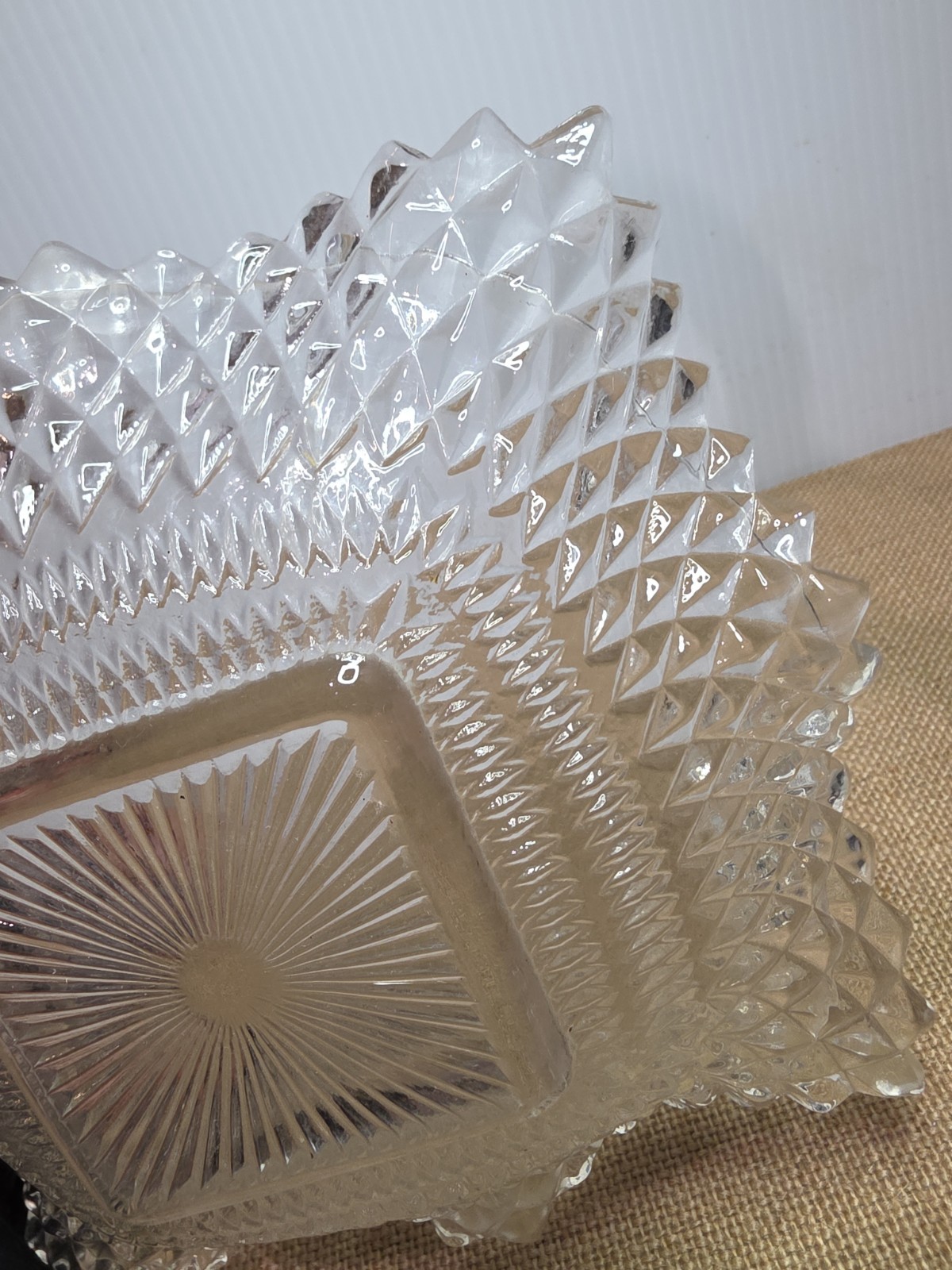 Vintage Clear Indiana Glass Co Square Ruffled Diamond Point Candy Nut Dish Bowl