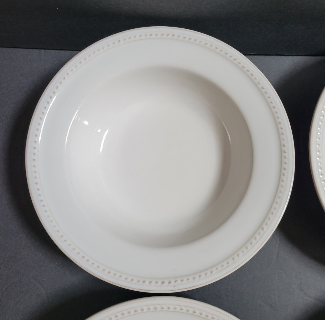 Set of 4 Sur La Table Large Rimmed Pasta Bowl 8 3/4” Beaded Edge Ivory UNUSED