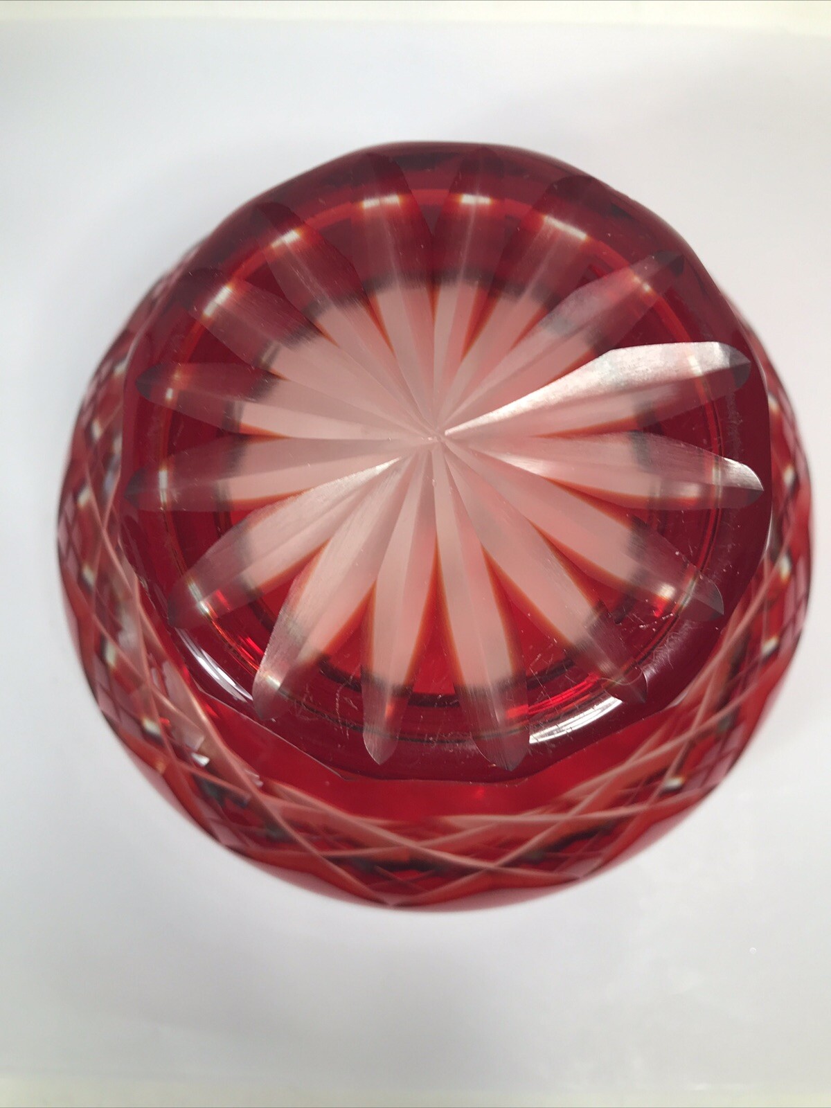 Ruby Red Cut To Clear Glass Footed Bowl Vase Decor 5.25 In Wide Vintage E25