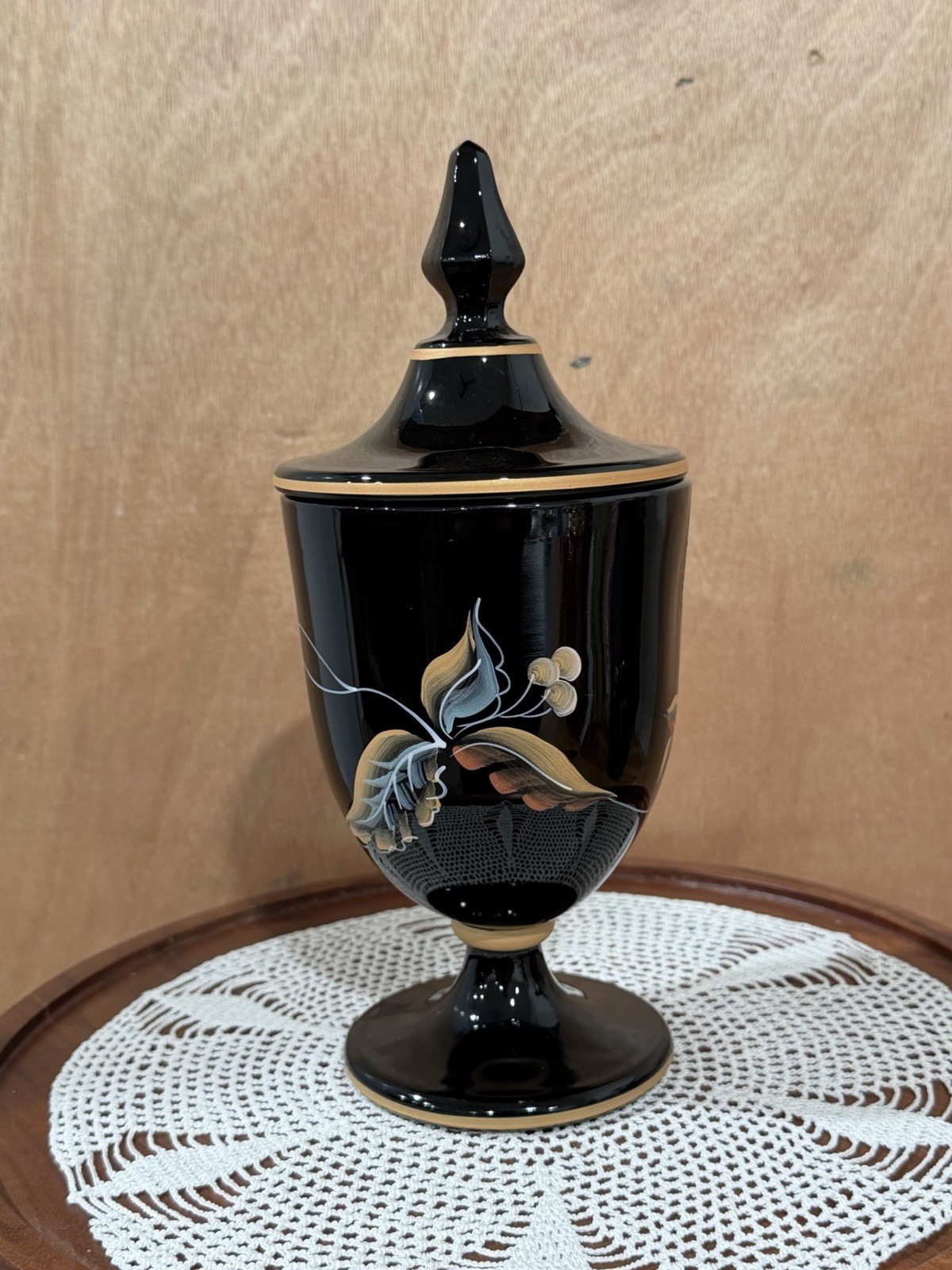 Fenton 1994 Black Hand Painted Lidded Urn Candy Dish J.K. Spindler #1325