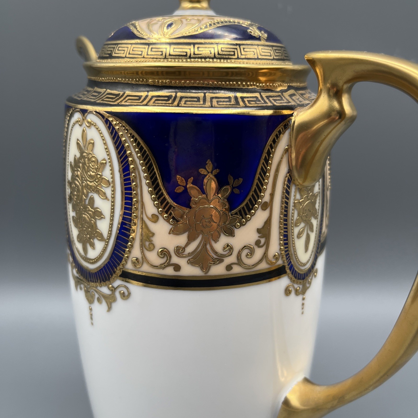Rare Noritake Cobalt & Gold Ornate Neoclassical Coffee Pot Greek Key Porcelain