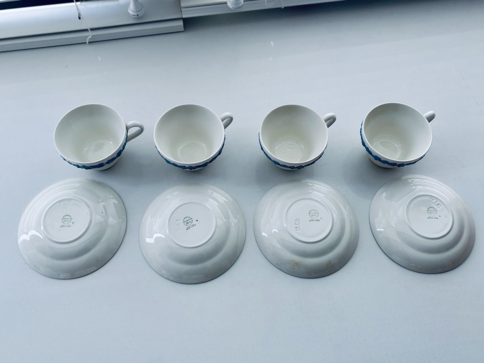 Vintage Wedgwood Lavender Blue White Queensware Footed Tea Cups & Saucers