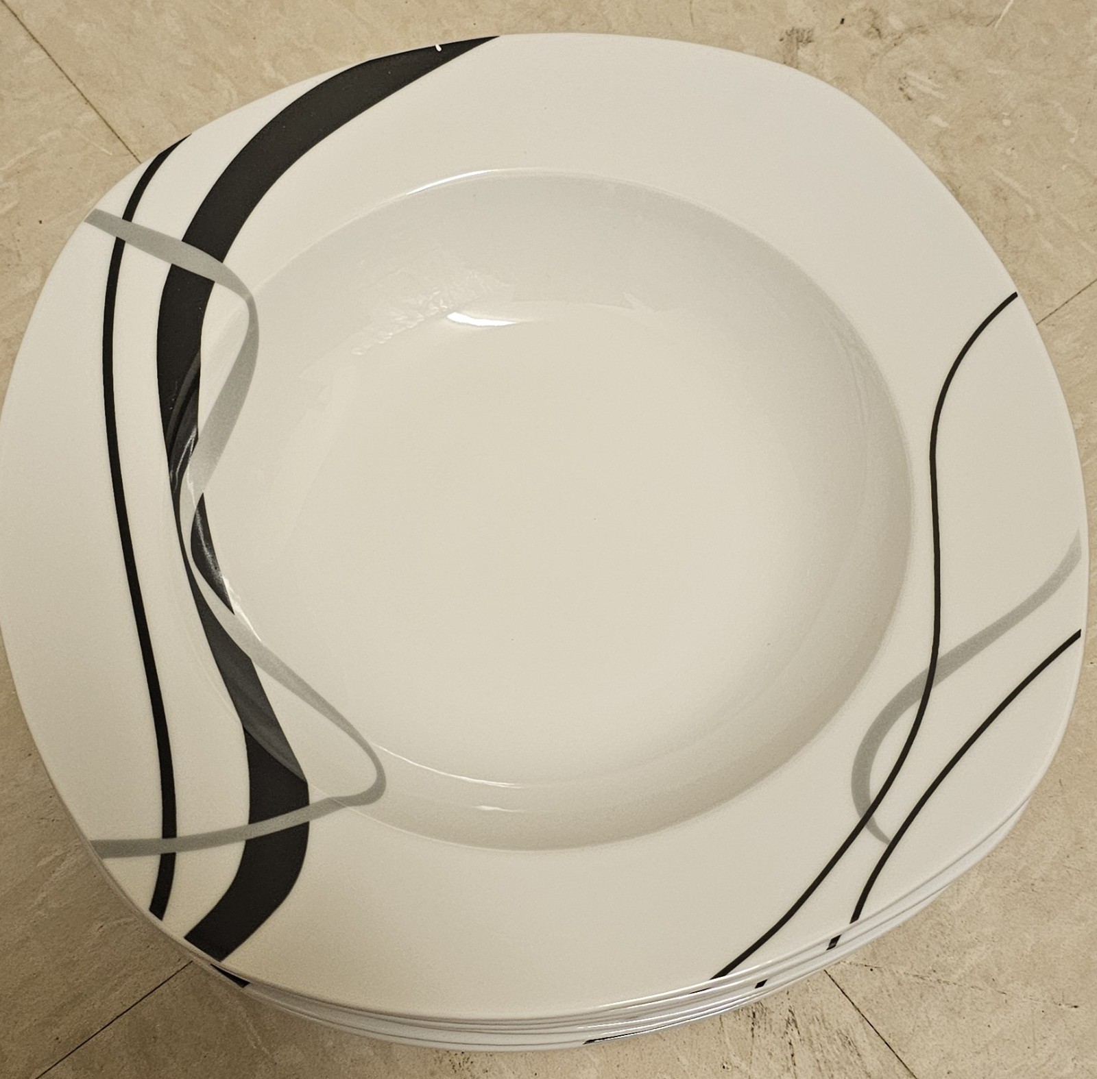6 Soup Plates – 8.2″ Modern Porcelain – Black/Gray Curve Design