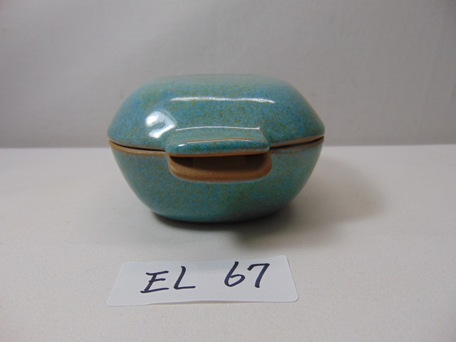 GLIDDEN POTTERY #167 RAMKIN DISH LID SIGNED SEAFOAM BLUE GREEN SPECKLED