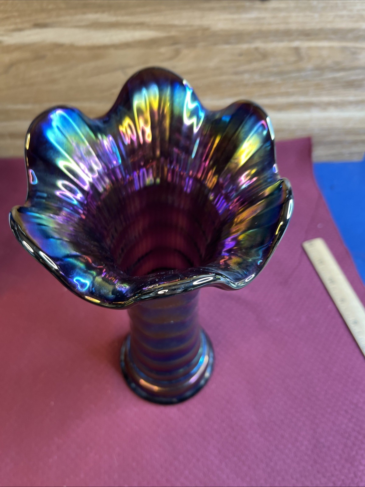 Imperial Carnival Glass Vase Ripple Electric Purple Amethyst 9.5” Ruffled Rim #1