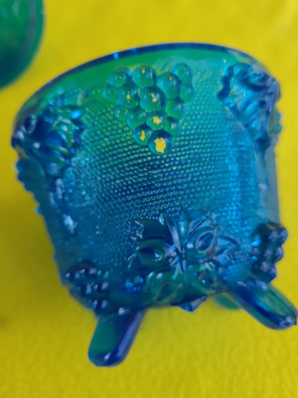 2 VTG 1950s Jeanette Glass Footed Covered Cobalt Blue Candy Dish Grape Leaf MCM
