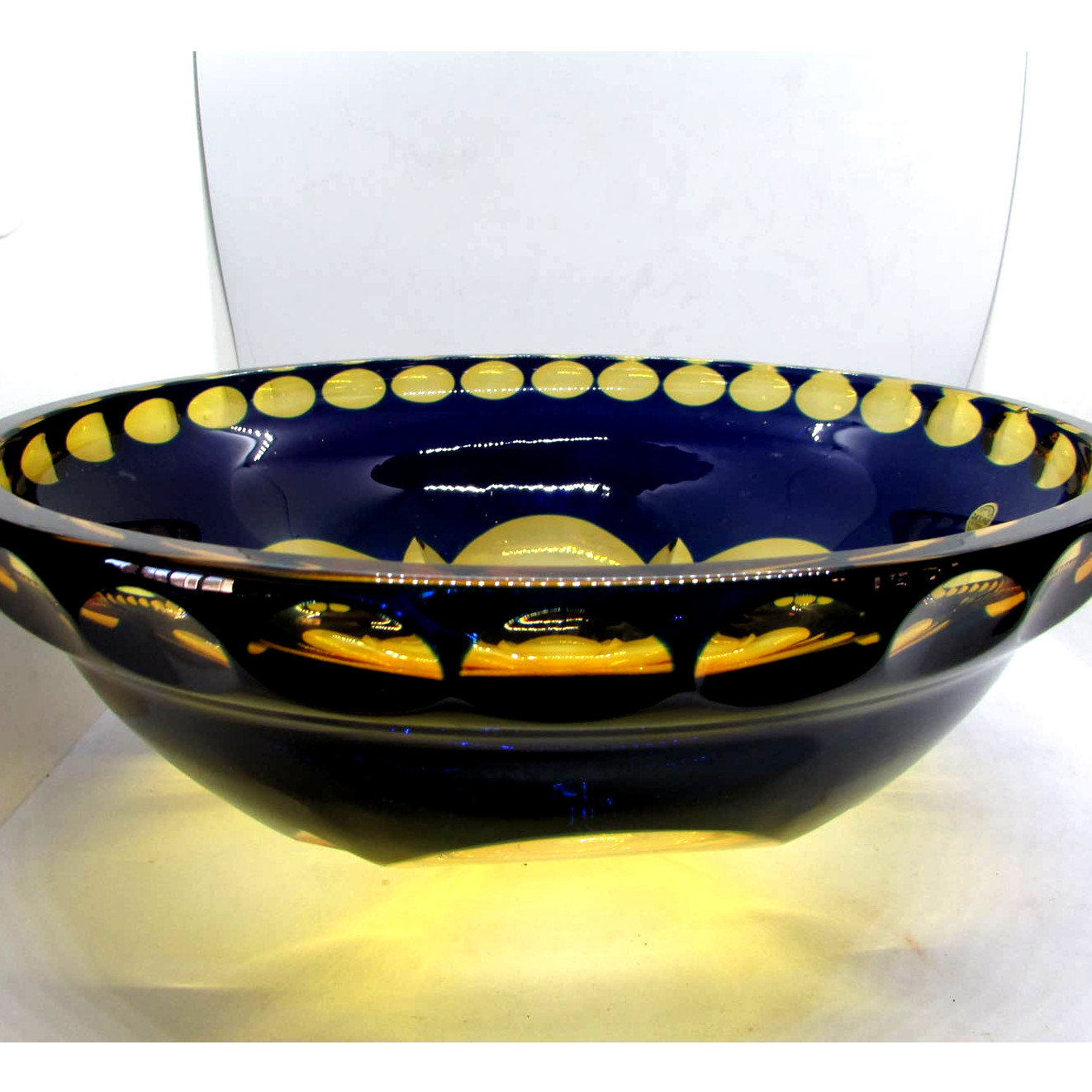 Cristallo Al Piombo 24% pbo Large Art Glass Bowl Italy Cobalt Blue Yellow Flower