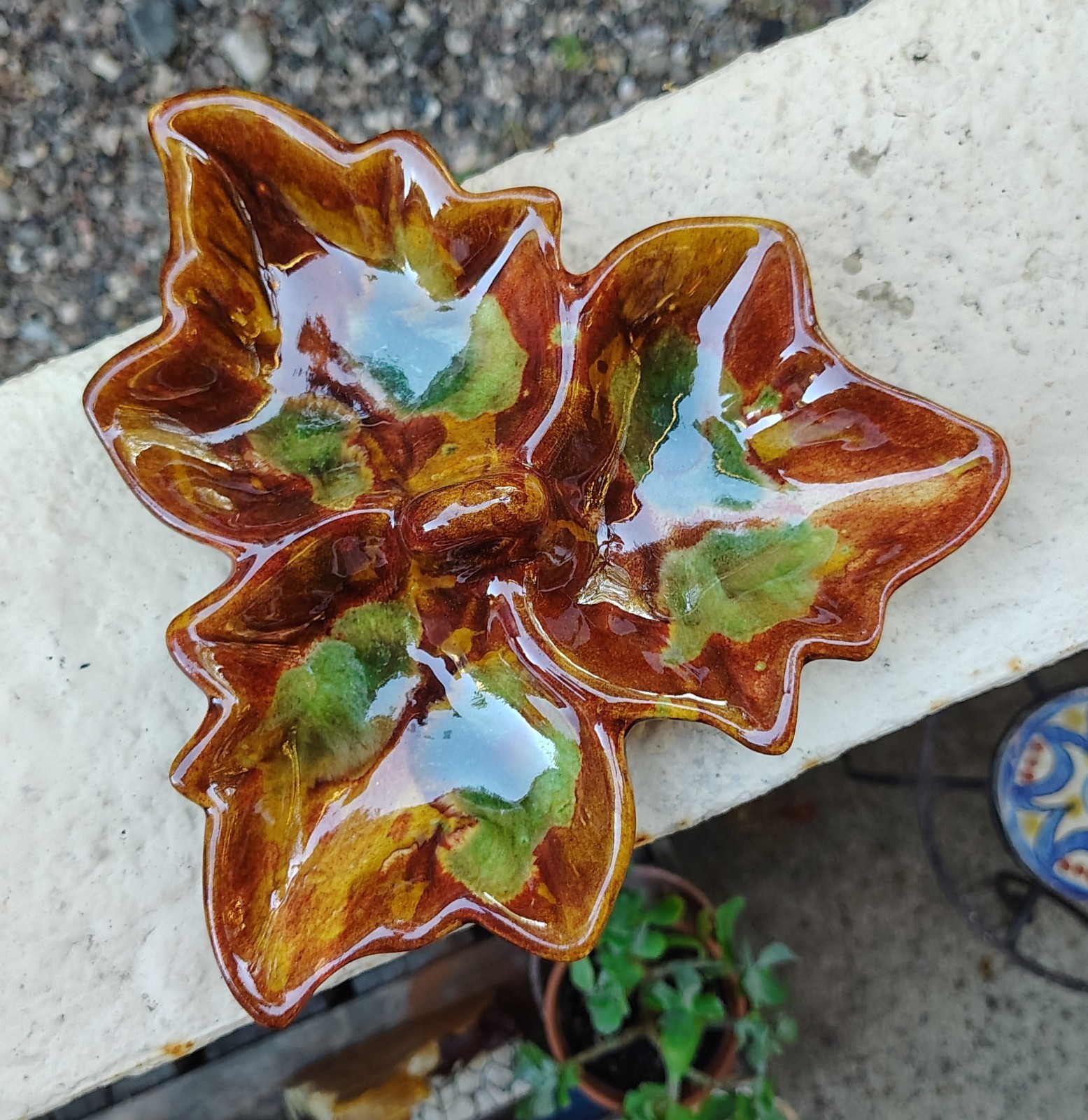 Vintage Hot Springs Pottery Drip-Glaze Leaf Dish Trinket Bowl
