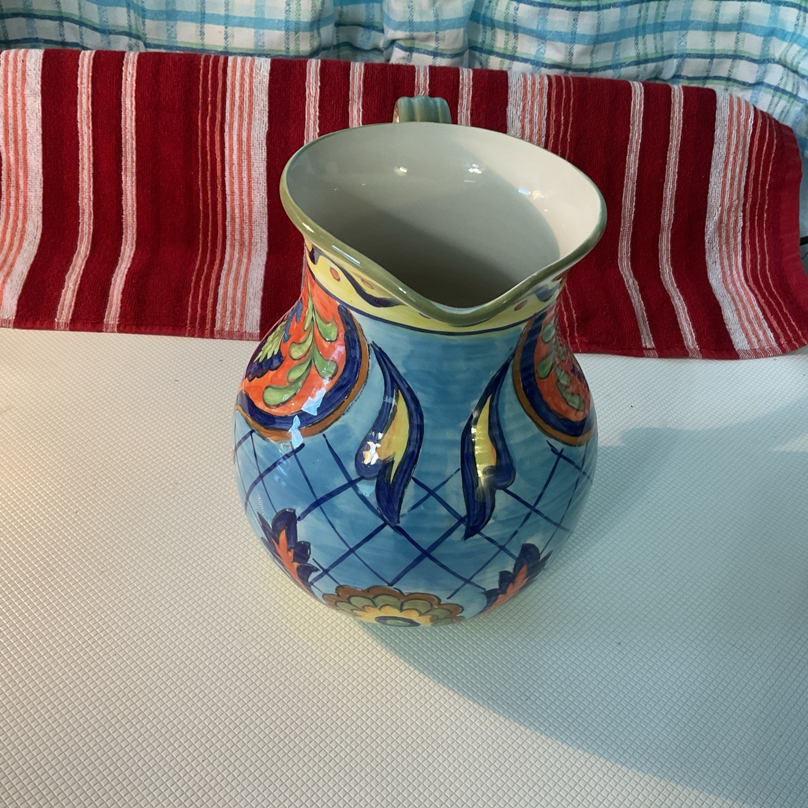 Maxcera Orange Talavera Hand Painted Pitcher 2.5 Qt Colorful Floral Stoneware