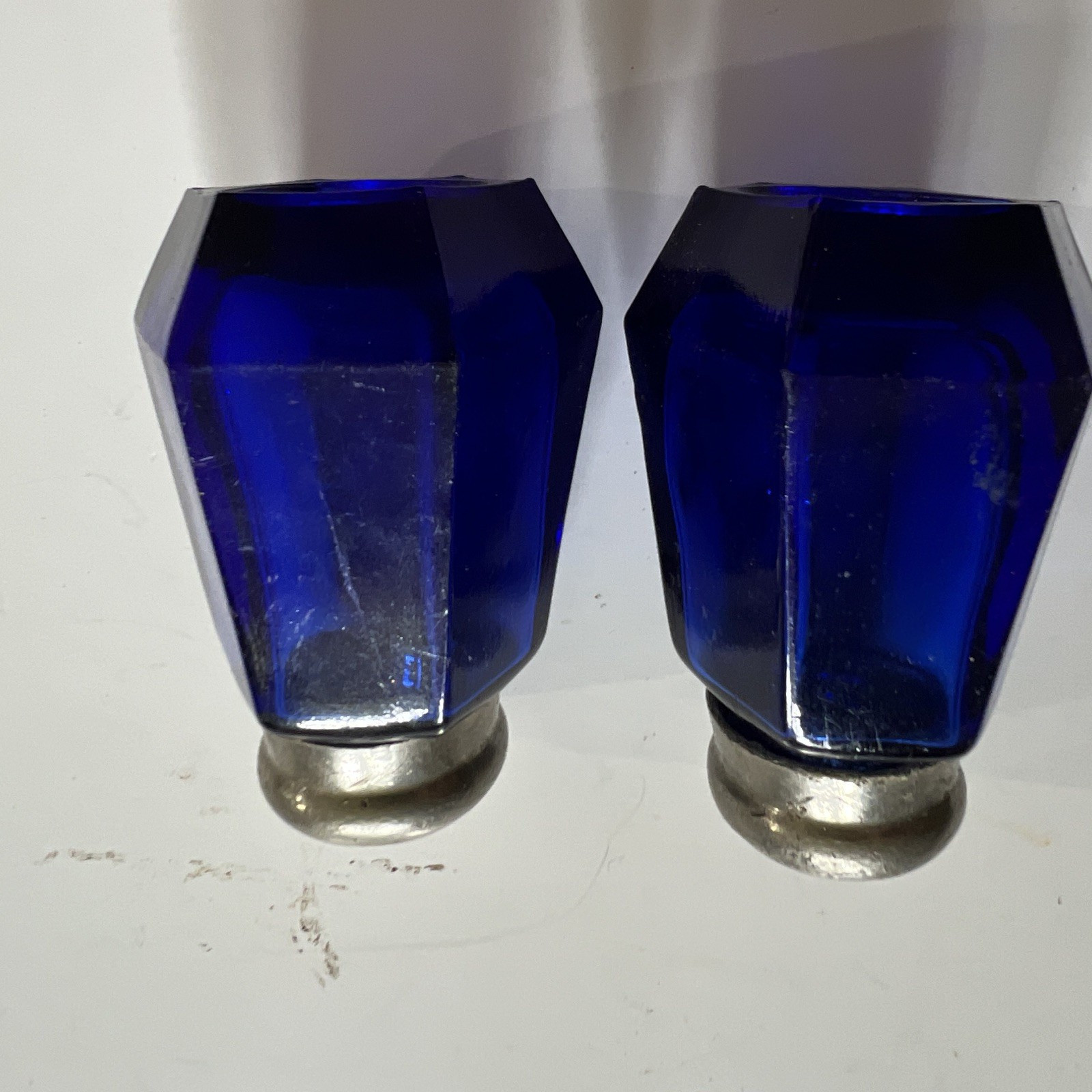 Cobalt Blue Hexagon Glass Salt & Pepper Shakers w/ Metal Tops Set of 2